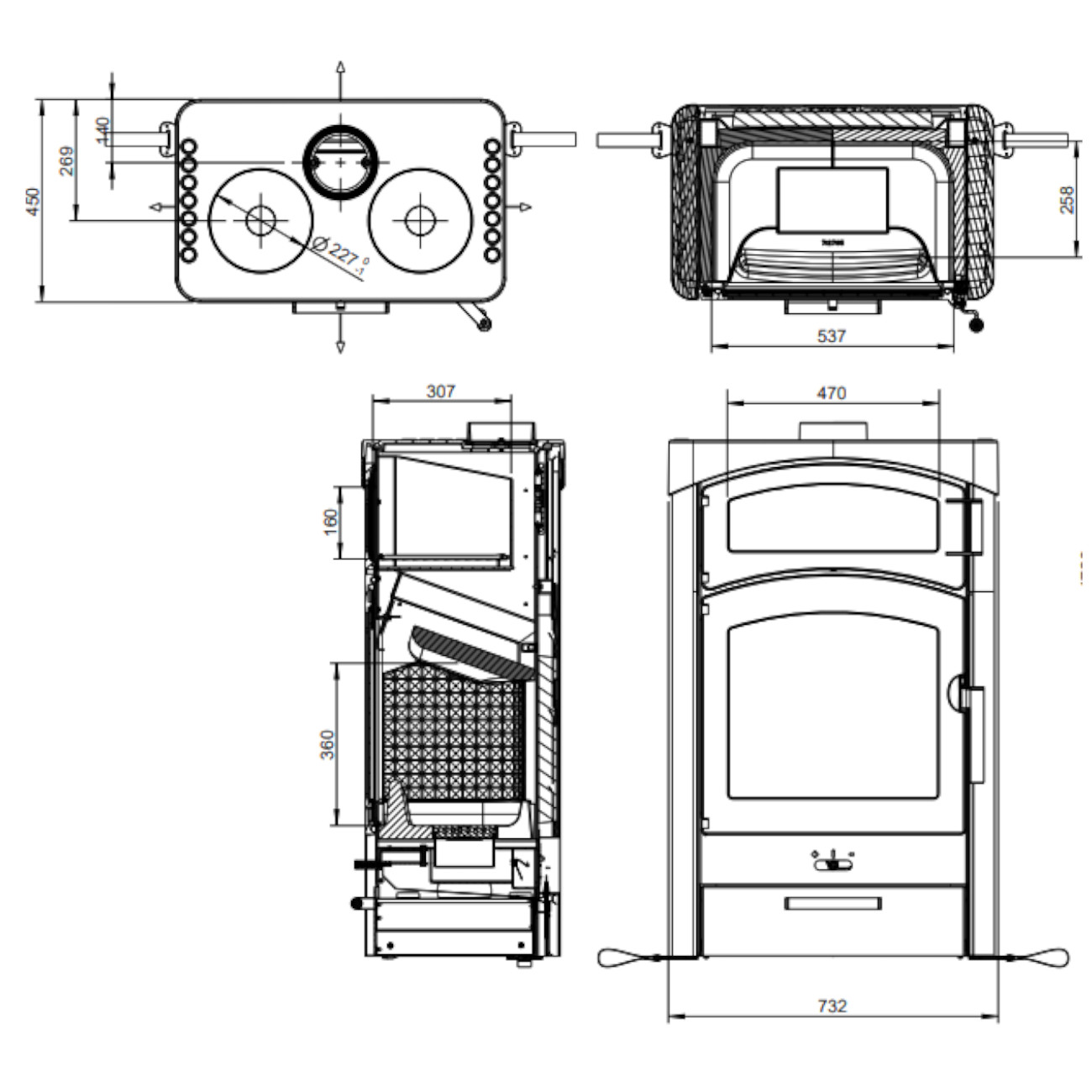 Pallas Back Kaminofen 9kW Gussgrau