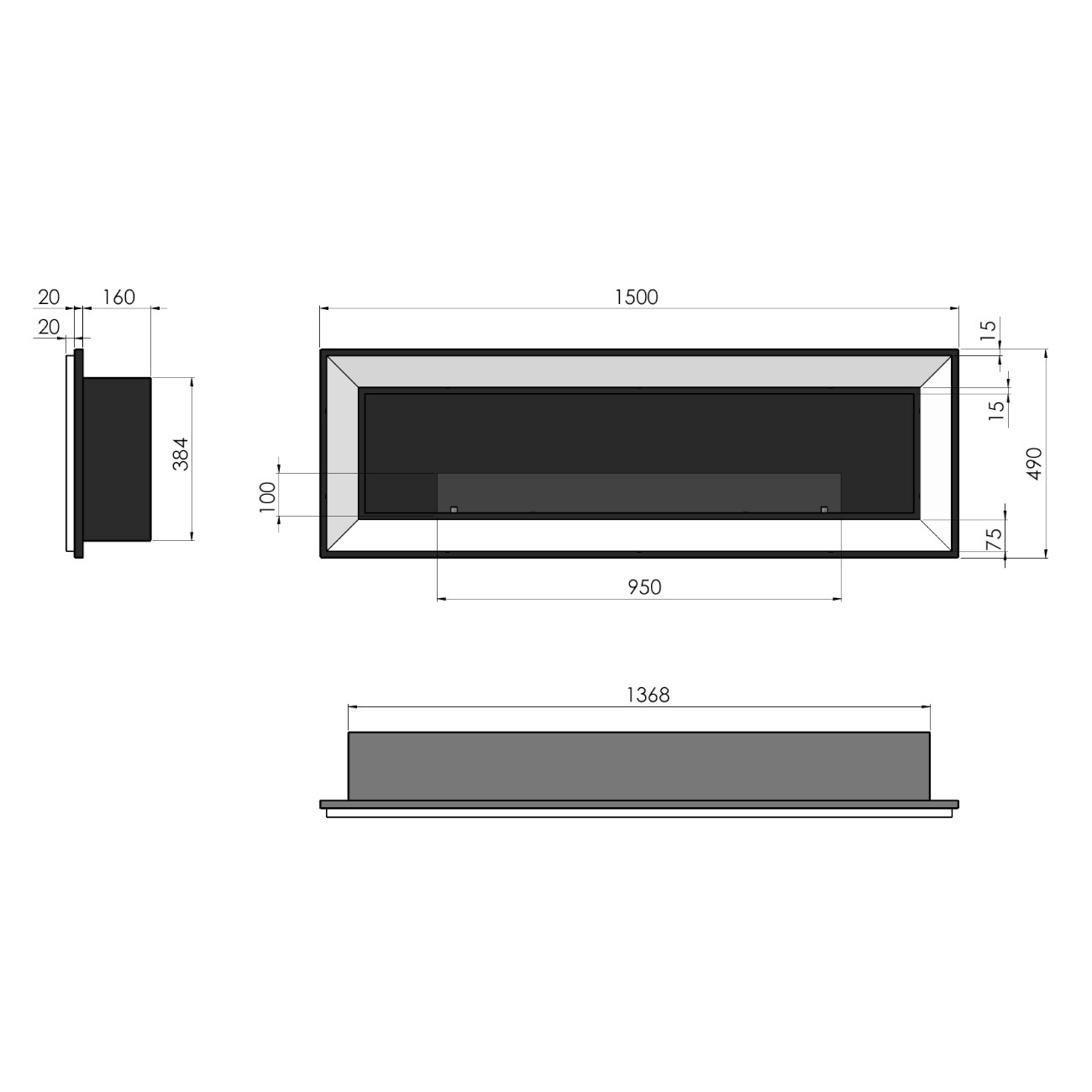 FRAME 1500 Schwarz Ethanolkamin Einbaukassette