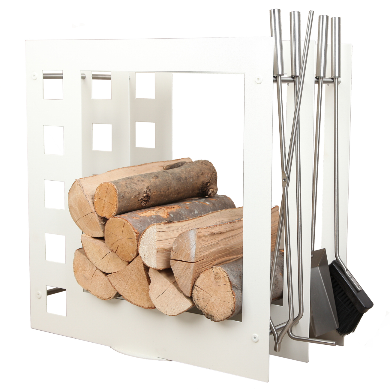 sa004w-web Designer Quadratische Holzablage mit Kaminbesteck Weiß