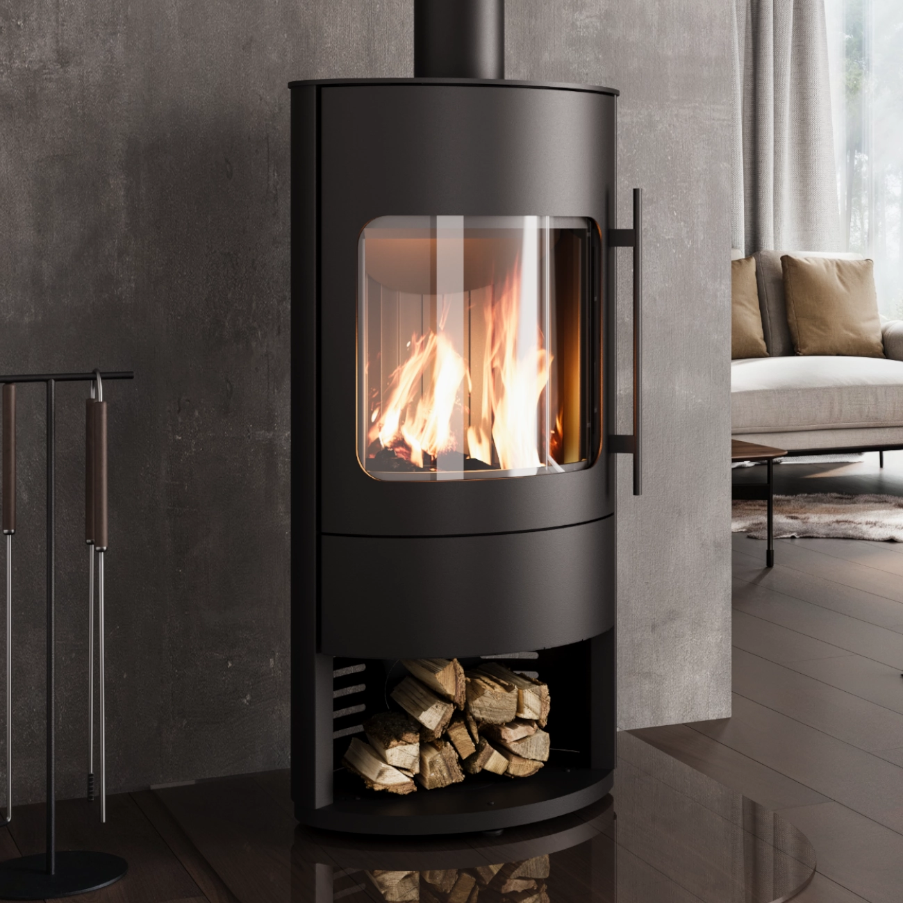 Cosmo Schwarz Kaminofen offenes Holzfach 6KW