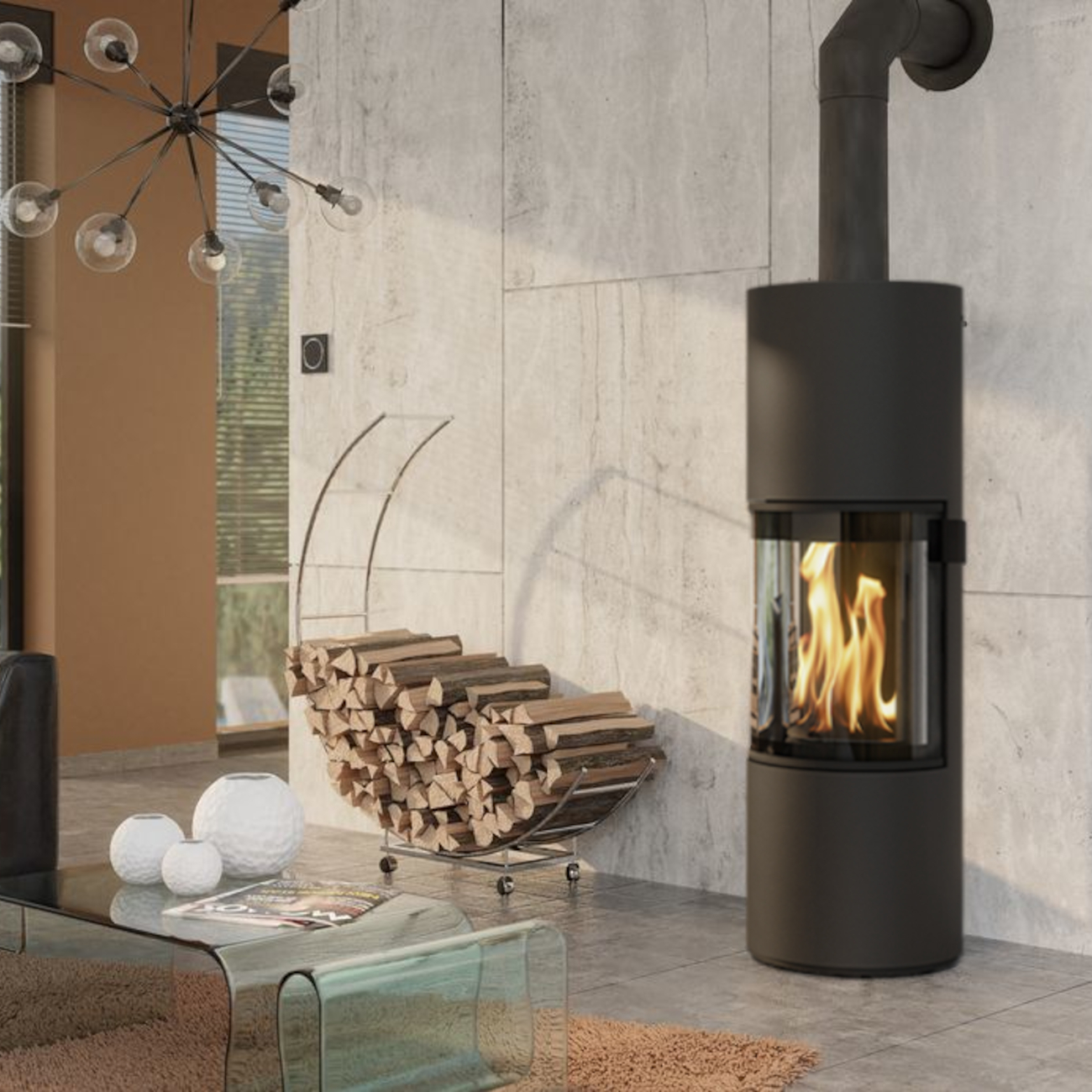 Prego Schwarz Kaminofen 6KW 180° Panorama Sichtscheibe RLU