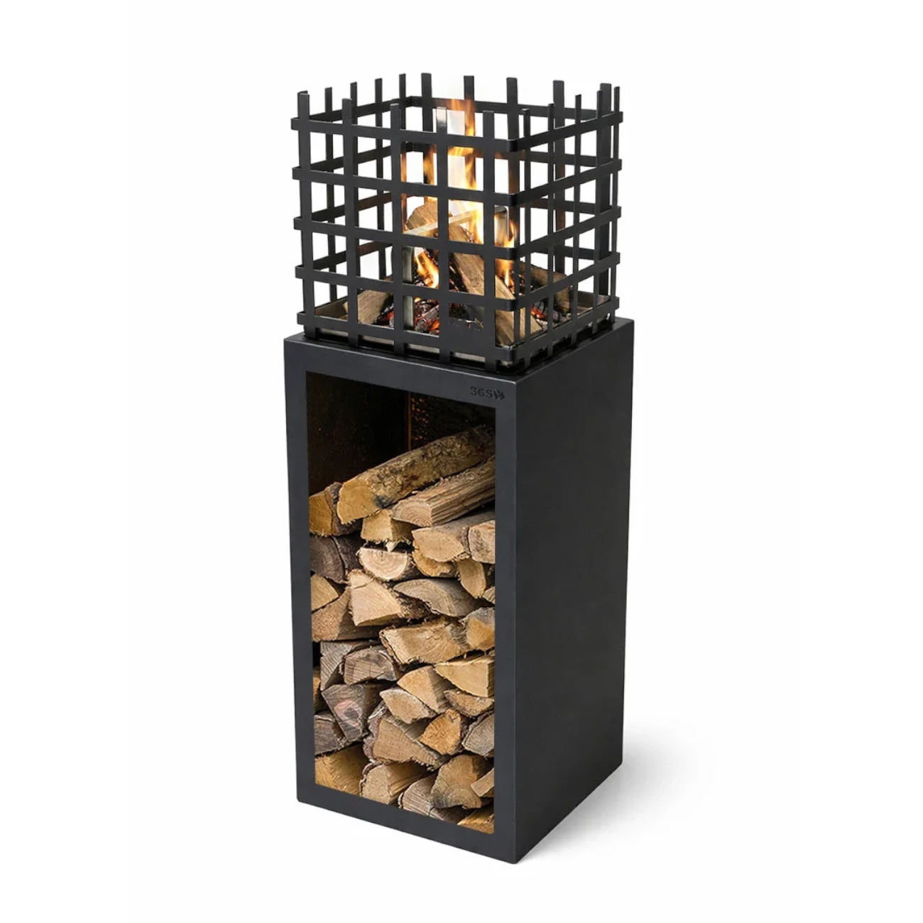Würfel Feuerkorb ELDUR Schwarz mit Holzfach Podest