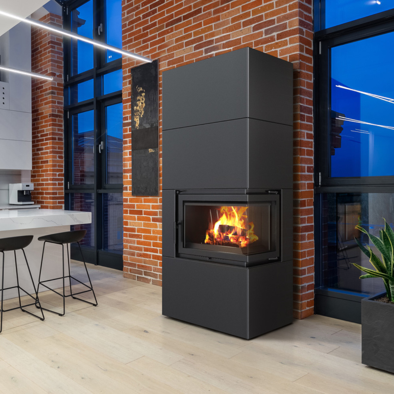 simple_box_schwarz_rechts_mit_feuer Simple Box Kamin Bausatz Schwarz 8kW Rechts