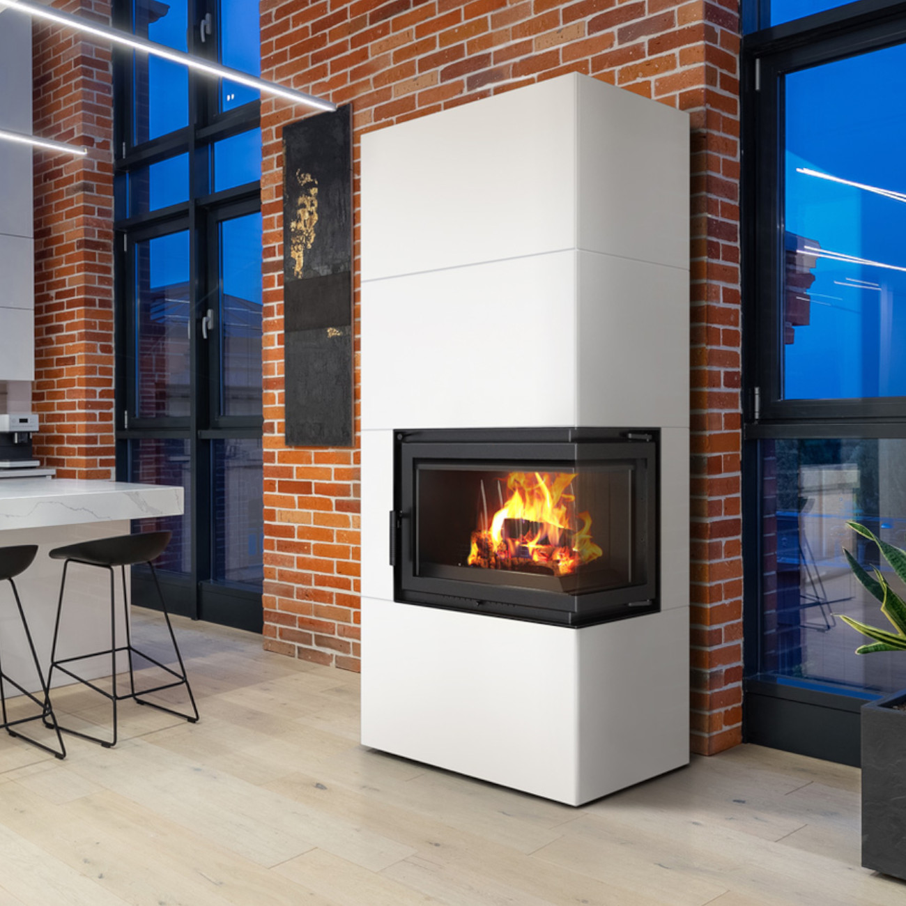 simple_box_weiss_rechts_mit_feuer Simple Box Kamin Bausatz Weiß 8kW Rechts