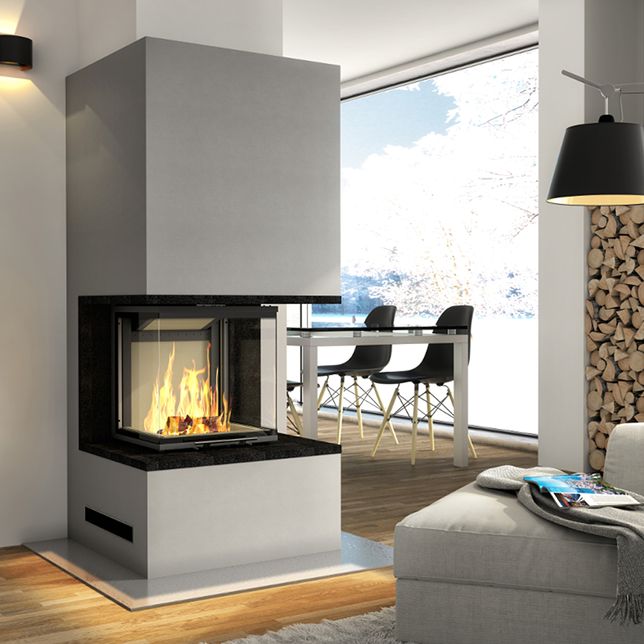 Kaminbausatz Pure Smart 3PLH 7kW Dreiseitig Verglaste Hebetür