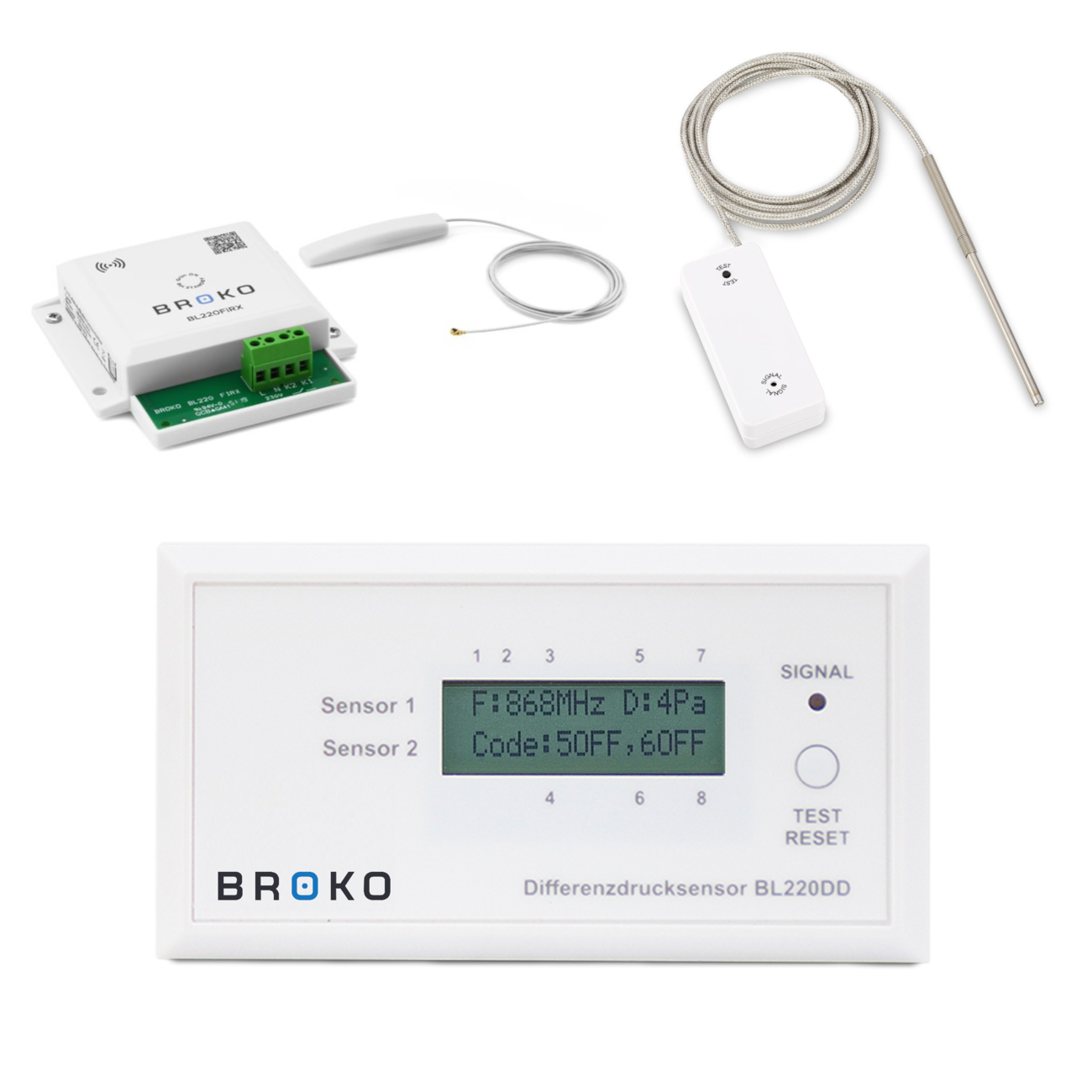 Broko_Unterdruckw-chter_aufputz_Einbauempfaenger_Temperatursensor Broko Funk Differenzdrucksensor Einbau-Abschaltung Aufputz DIBt