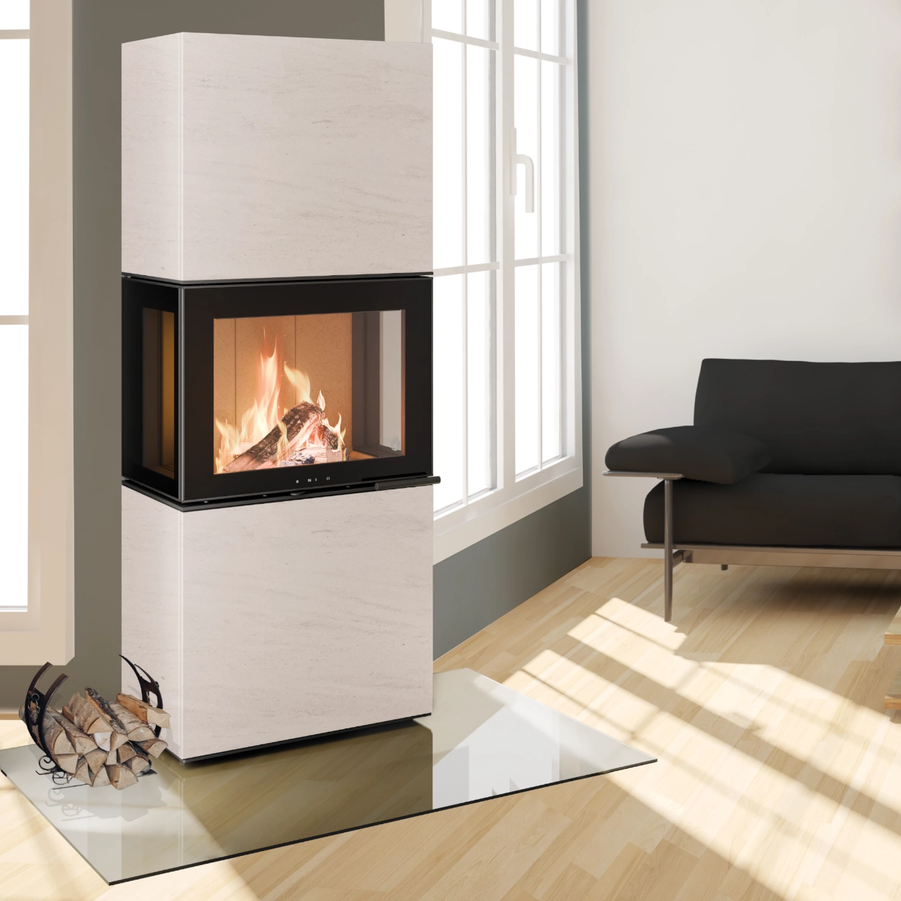 Charon Naturstein Ivory Panorama Kaminofen 6kW Charon Naturstein Ivory Panorama Kaminofen 6kW