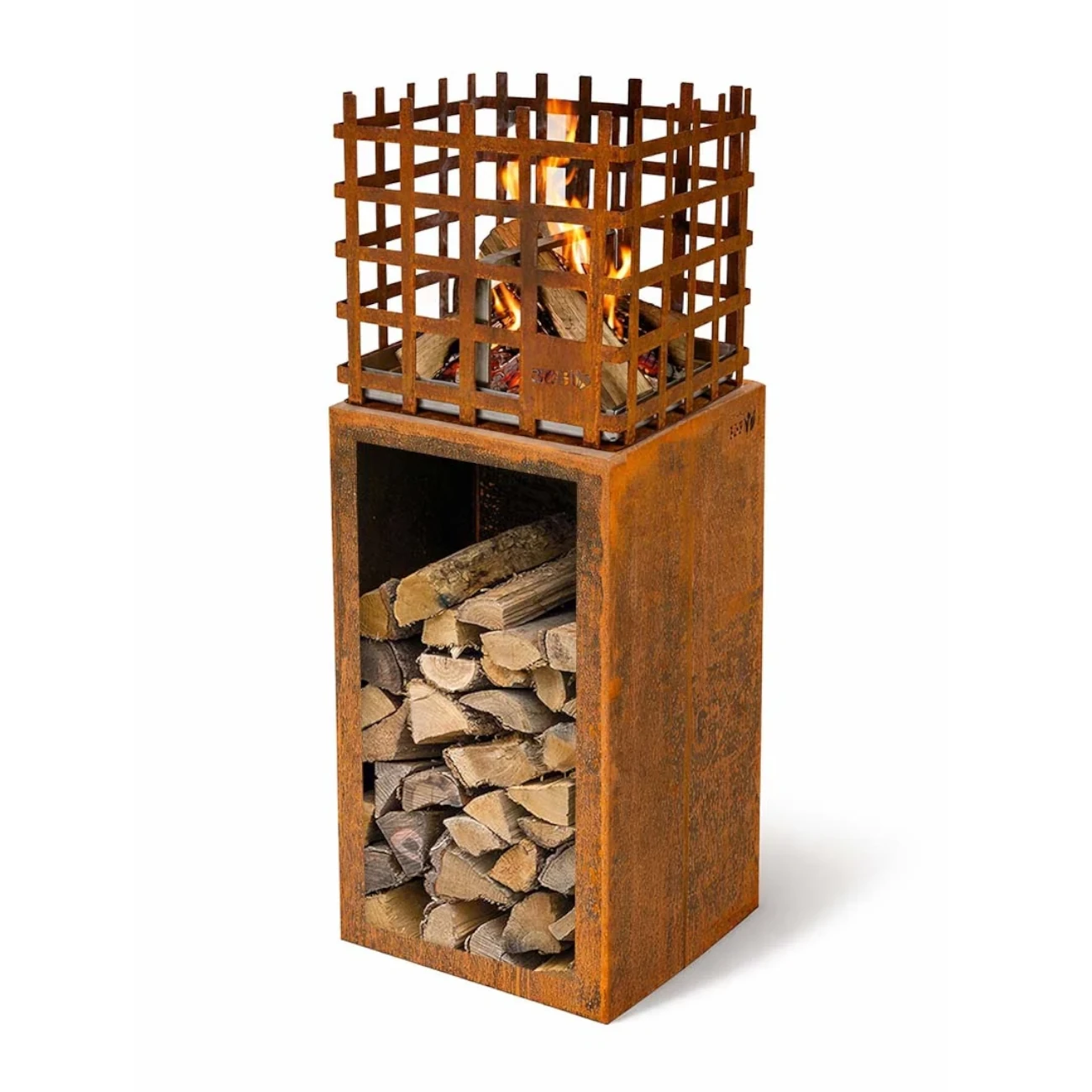 Würfel Feuerkorb ELDUR Cortenstahl mit Holzfach Podest Würfel Feuerkorb ELDUR Cortenstahl mit Holzfach Podest