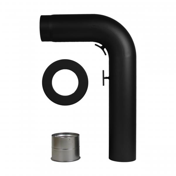 v3s Rauchrohrset 90° gezogener Bogen 120/130mm Ø Wandrosette Mauermuffe